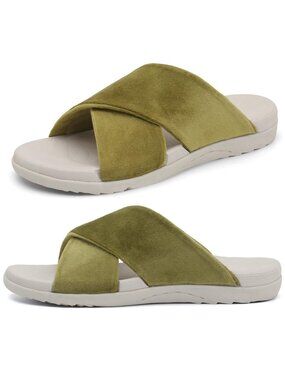 Womens Size 6.5 Slippers Green Arch Support Cushion Footbed Slides Open Toe Shoe